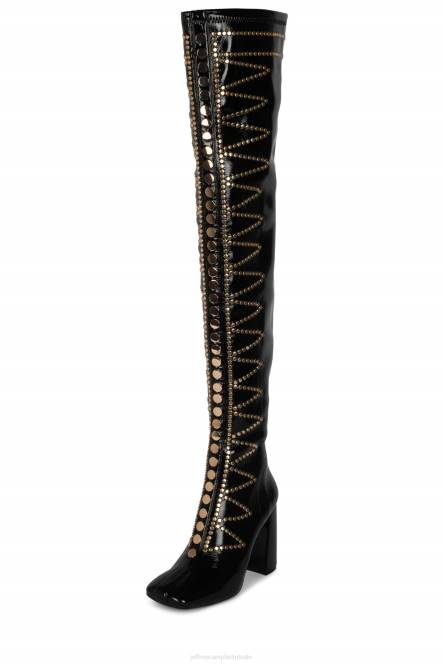 Jeffrey Campbell ciena-st NDHB780 laarzen van knie tot dij zwart gekreukt patent goud vrouwen