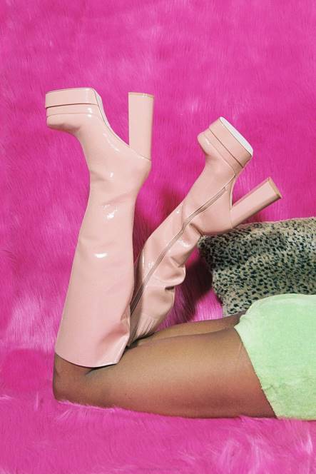 Jeffrey Campbell kick-in NDHB799 laarzen van knie tot dij roze gekreukt patent vrouwen